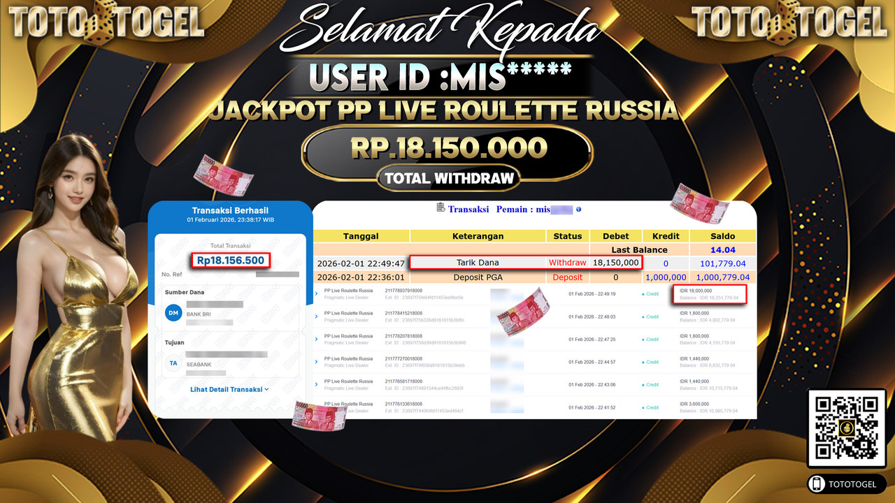 Bukti Pembayaran Jackpot Permainan Pragmatic Live PP Live Roulette Russia ID:MIS*****LUNAS