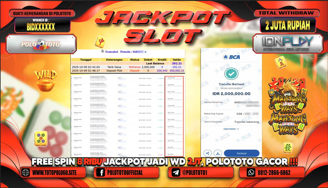 POLOTOTO JACKPOT SLOT MAHJONG WAYS Rp.2.000.000,- LUNAS