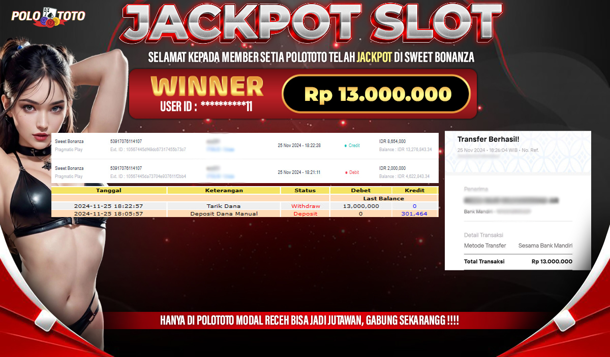 POLOTOTO JACKPOT SLOT SWEET BONANZA Rp.13.000.000,-