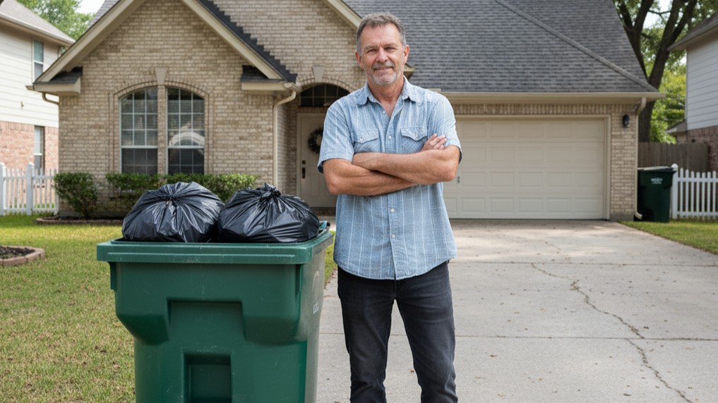 Организация вывоза мусора из частного дома - мужчина с мусорным контейнером во дворе