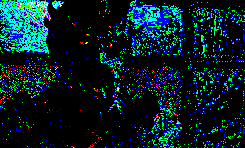 A dithered image of Corakinus, a very generic-looking shadow monster guy with bright orange eyes.