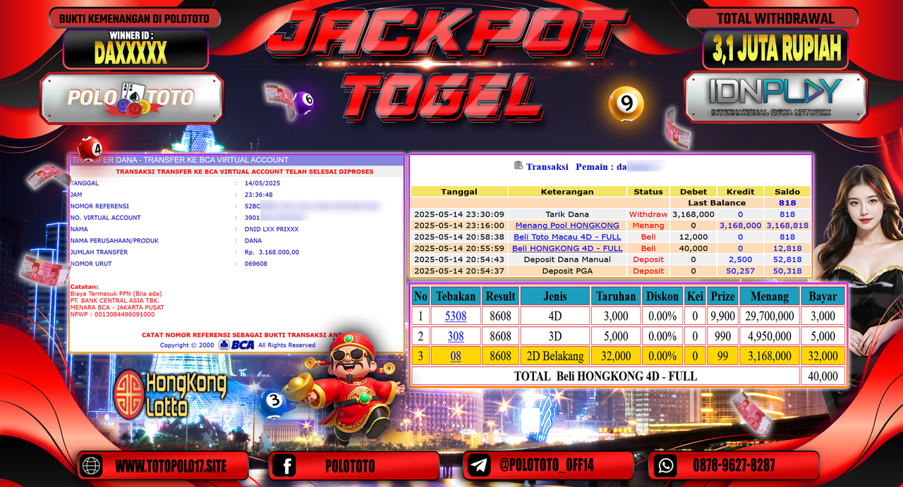 POLOTOTO JACKPOT TOGEL HONGKONG POOLS Rp.3.168.000,-