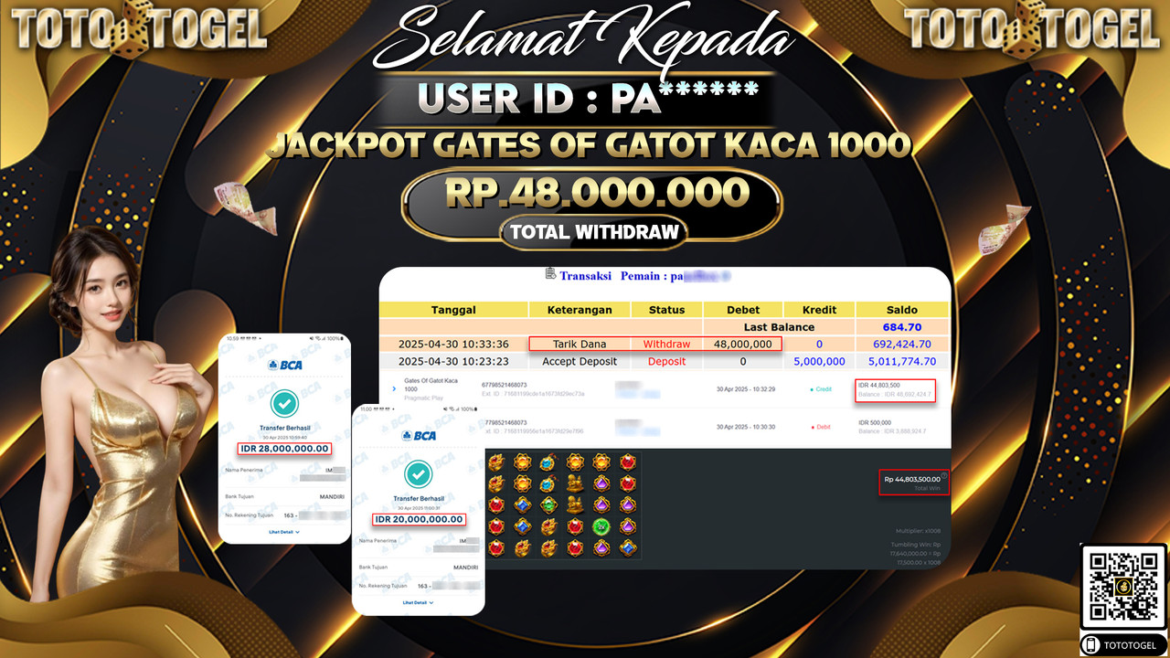 Bukti Pembayaran Jackpot  Permainan Slot Gates Of Gatot Kaca 1000 ID:PA***** LUNAS