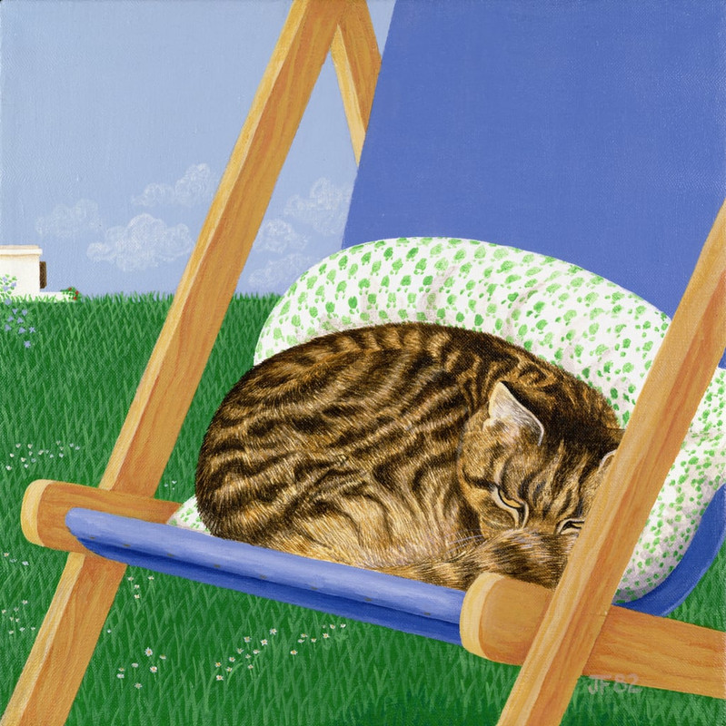Joan-Freestone-Tabby-cat-asleep-in-a-deck-chair-Meister-Drucke-546809