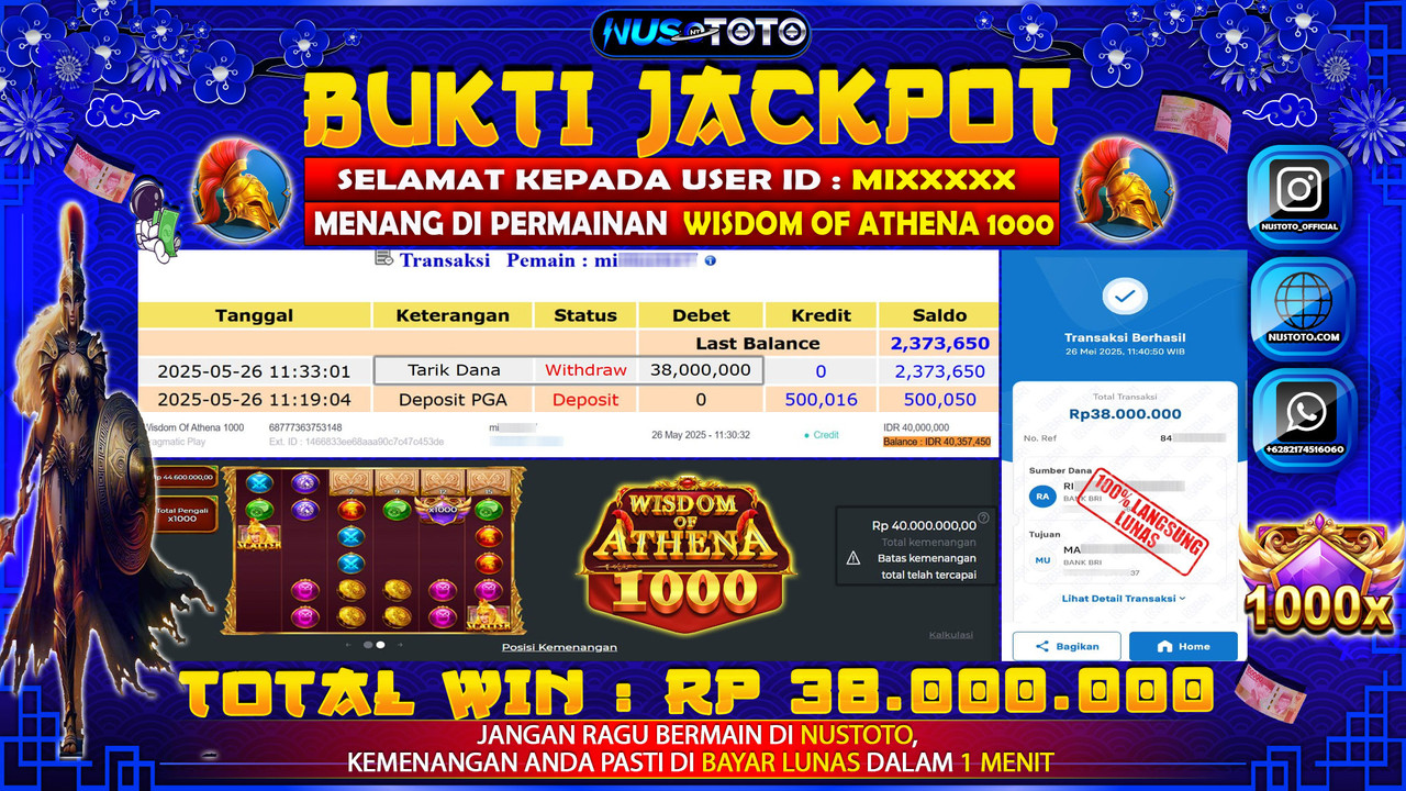 JACKPOT !! MENANG BESAR DI SLOT WISDOM OF ATHENA 1000 Rp. 38.000.000 LANGSUNG DI BAYAR LUNAS NUSTOTO !!