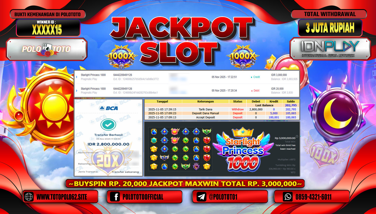POLOTOTO JACKPOT SLOT STARLIGHT PRINCESS 1000 Rp.3.000.000,- LUNAS