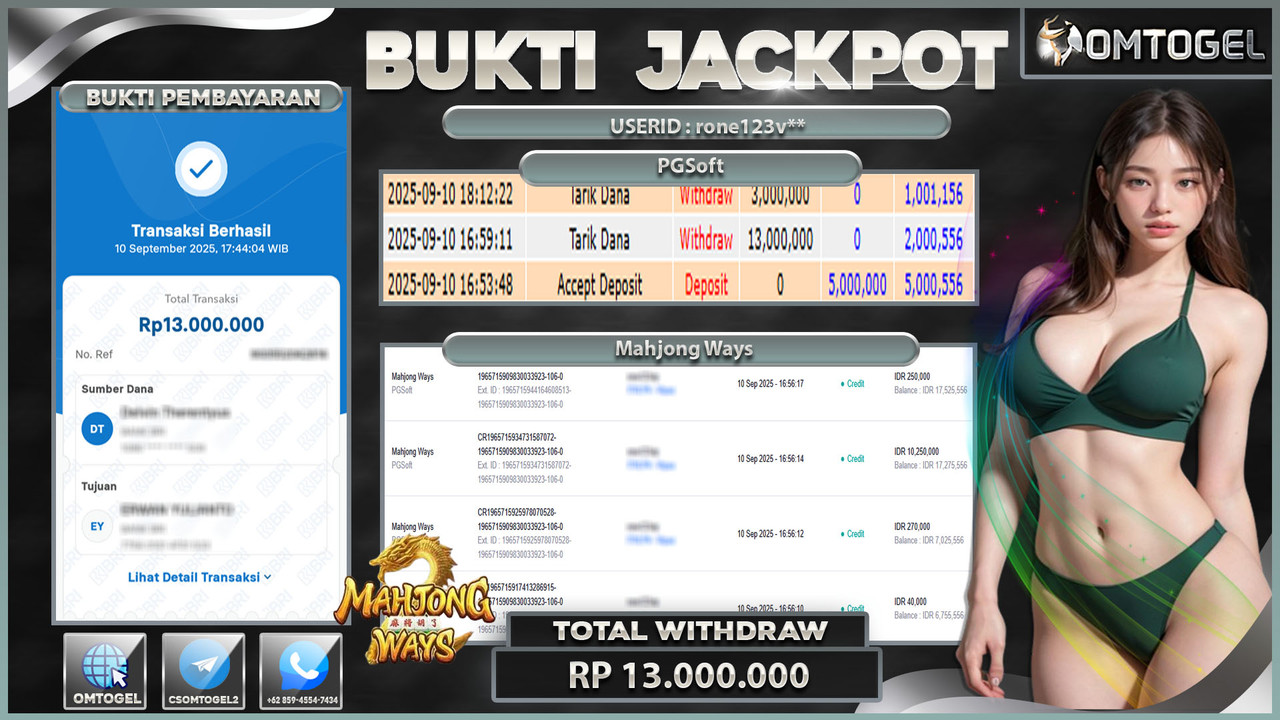 OMTOGEL JACKPOT PGSOFT MAHJONG WAYS 13 JUTA DI BAYAR LUNAS ,-