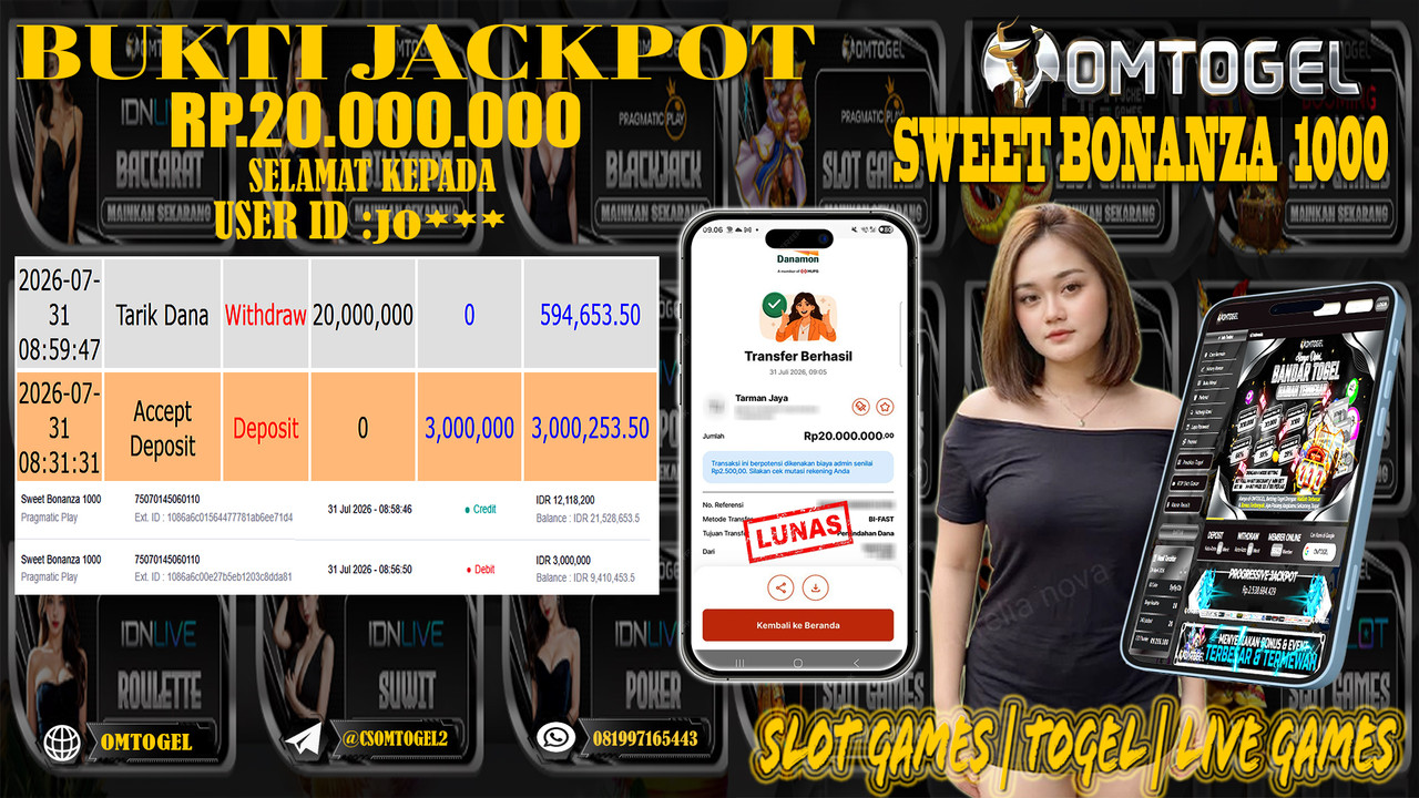 OMTOGEL JACKPOT PRAGMATICPLAY SWEET BONANZA 1000 Rp,20,000,000,- DIBAYAR LUNAS