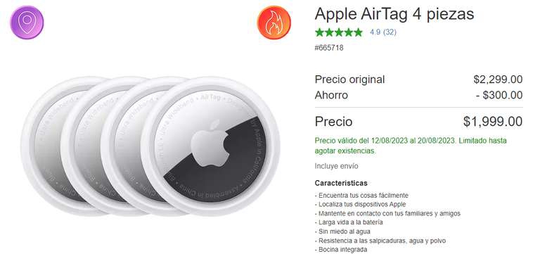 Costco: Apple AirTag 4 piezas por -,999 
