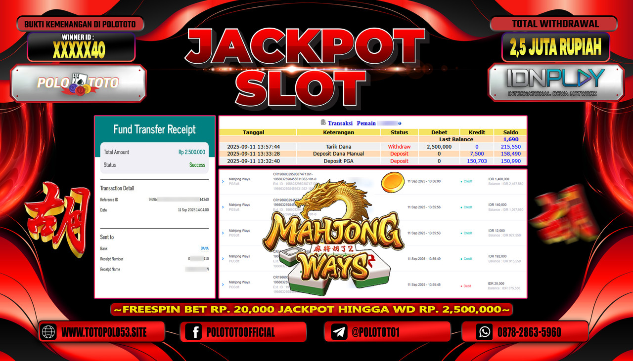 POLOTOTO JACKPOT SLOT MAHJONG WAYS Rp.2.500.000,- LUNAS