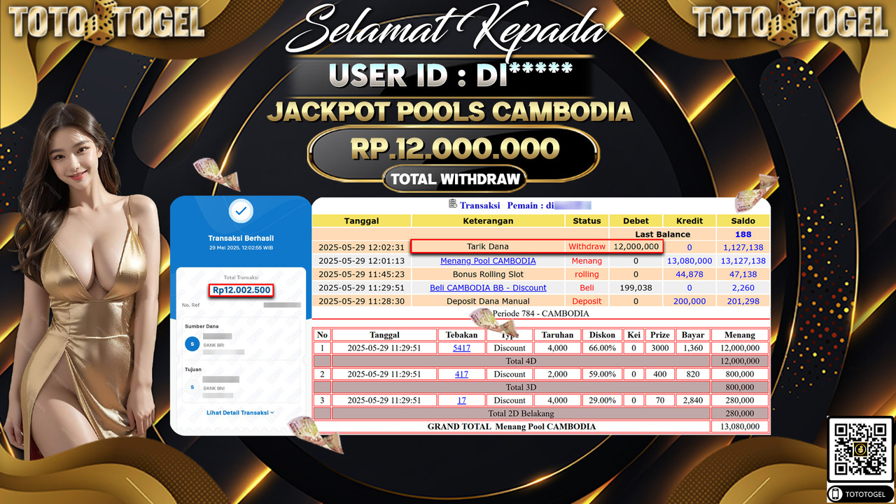 Bukti Pembayaran Jackpot Permainan Togel Pools Cambodia ID:DI***** LUNAS