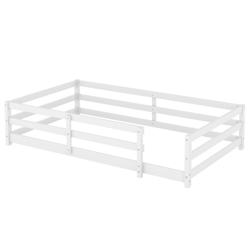 Montessori White Wood Twin Floor Bed with Metal Fence - Picture 7 of 8