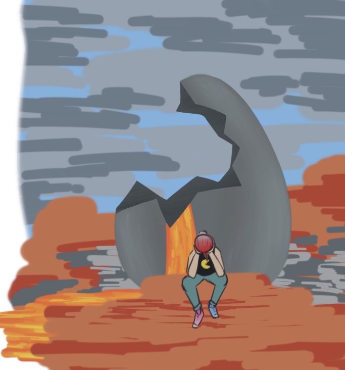 sequal to the Egg Time, now peach is hangin out with their best buddy the huge dead egg that made them sad n stuff lmaooooooo drawing of a large cracked grey egg with lava spilling out of it. human-mode Peach is sitting on the ground in front of it, looking sad