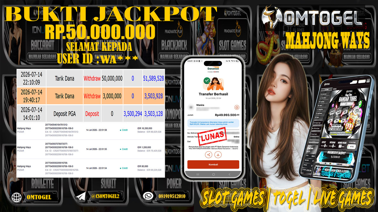 OMTOGEL JACKPOT PG SOFT MAHJONG WAYS Rp.50,000,000,- DIBAYAR LUNAS