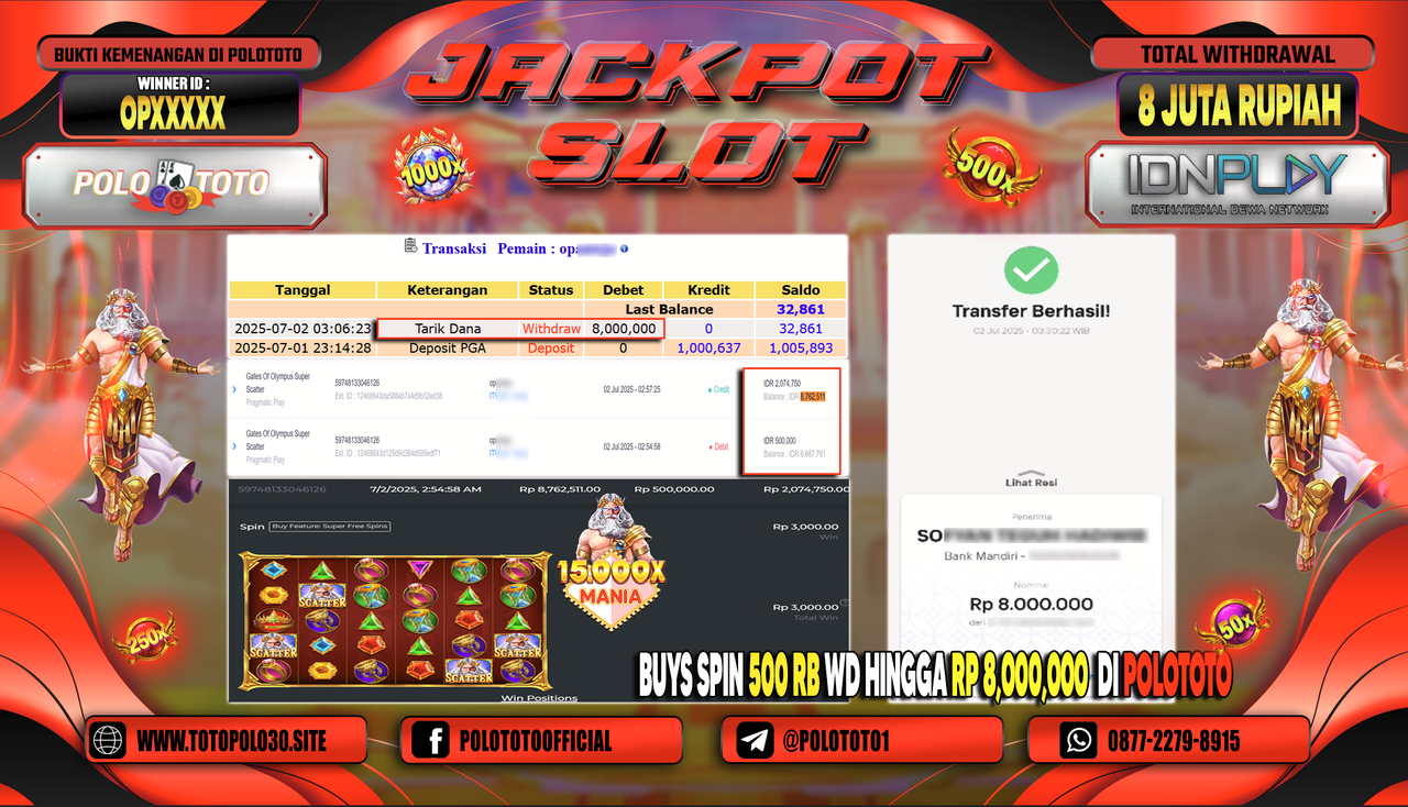 POLOTOTO JACKPOT SLOT GATES OF OLYMPUS SUPER SCATTER Rp.8.000.000,-