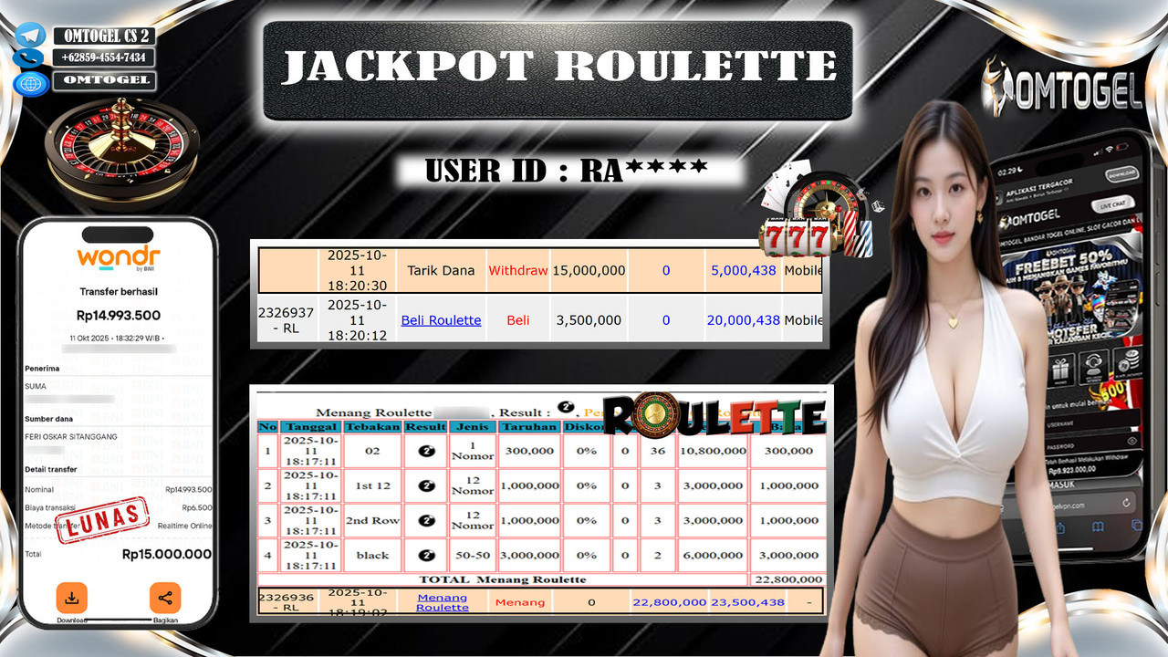 OMTOGEL JACKPOT LIVE GAMES ROULETTE 15 JUTA DI BAYAR LUNAS ,-