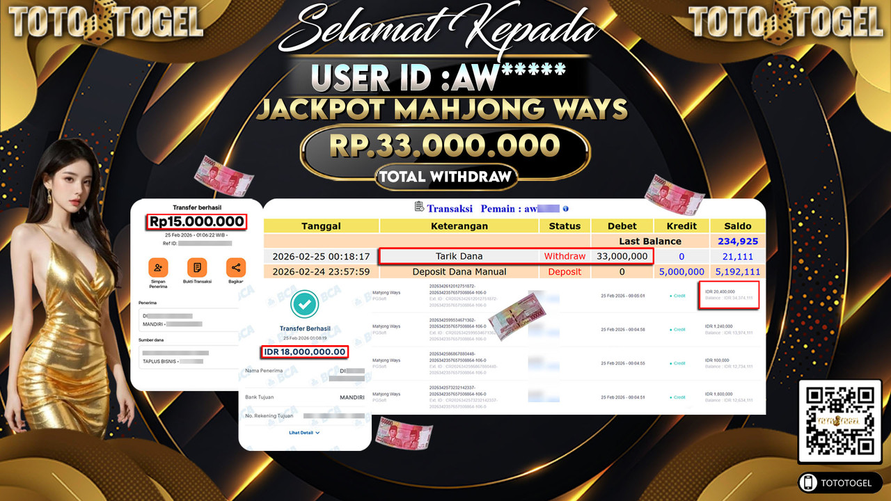 Bukti Pembayaran Jackpot Permainan Slot Mahjong Ways ID:AW*****LUNAS