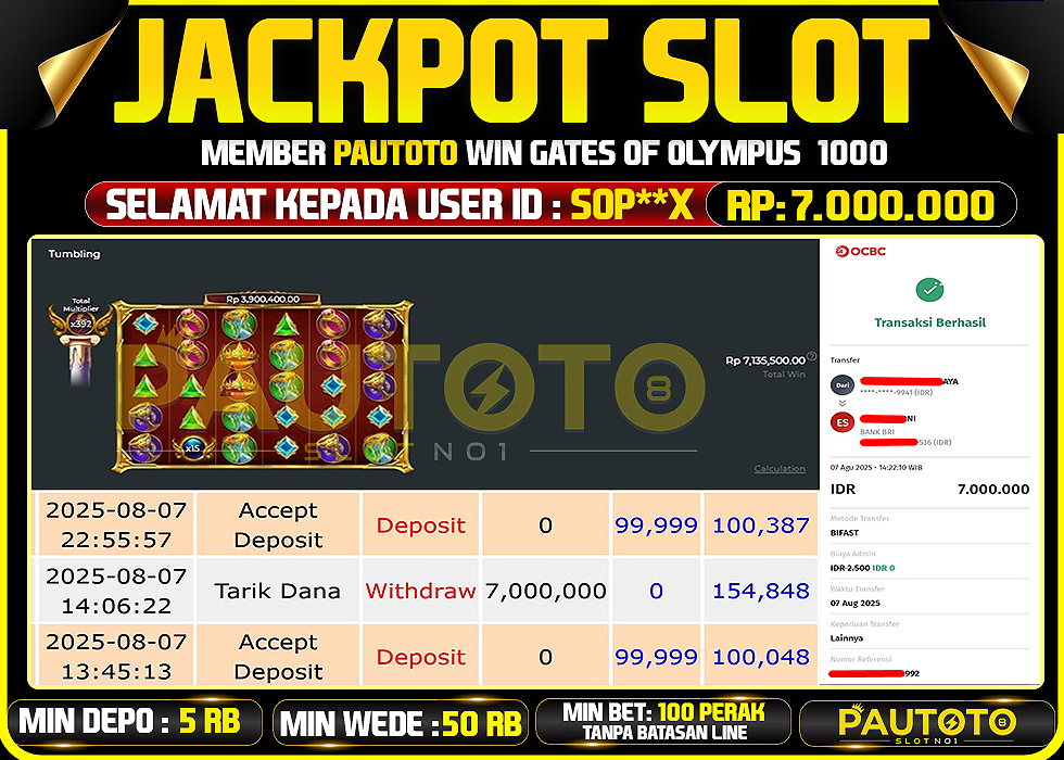 BUKTI PEMBAYARAN TGL 7 AGUSTUS 2025 MENANG DI PERMAINAN GATES OF OLYMPUS 1000TOTAL WD 7 JUTA