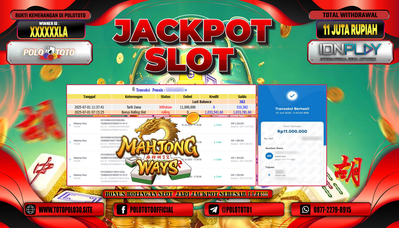 POLOTOTO JACKPOT SLOT MAHJONG WAYS Rp.11.000.000,- LUNAS