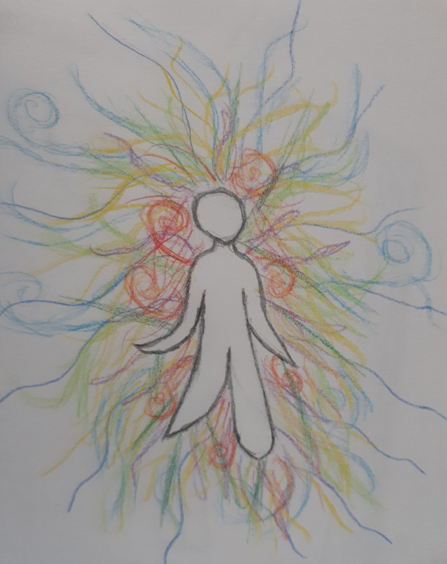 Pencil drawing of a figure, its limbs swooping in the appearance of movement. It is looking up, and eminanting out of its entire body are swirls of rainbow colour, every colour free and distinct.