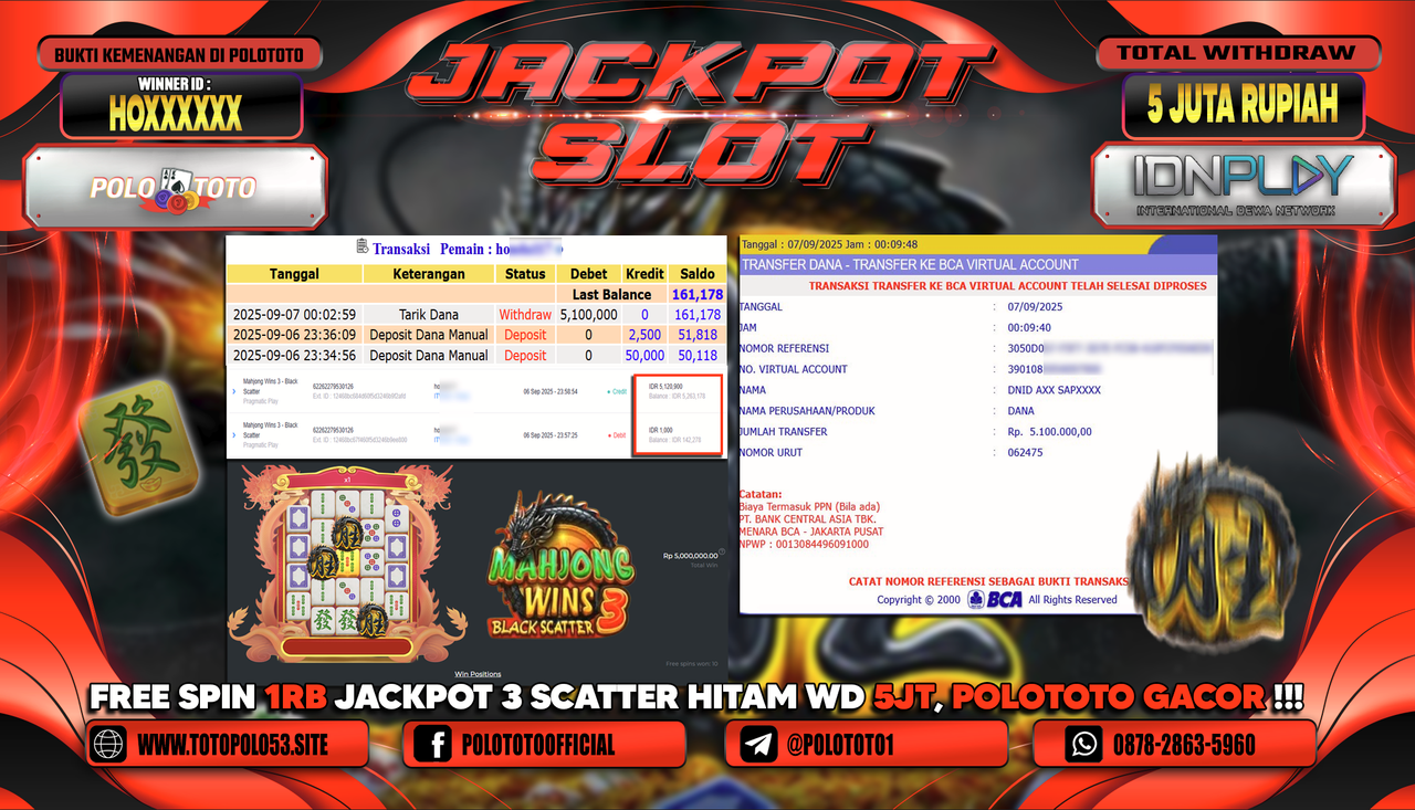 POLOTOTO JACKPOT SLOT MAHJONG WINS 3-BLACK SCATTER Rp.5.100.000,-