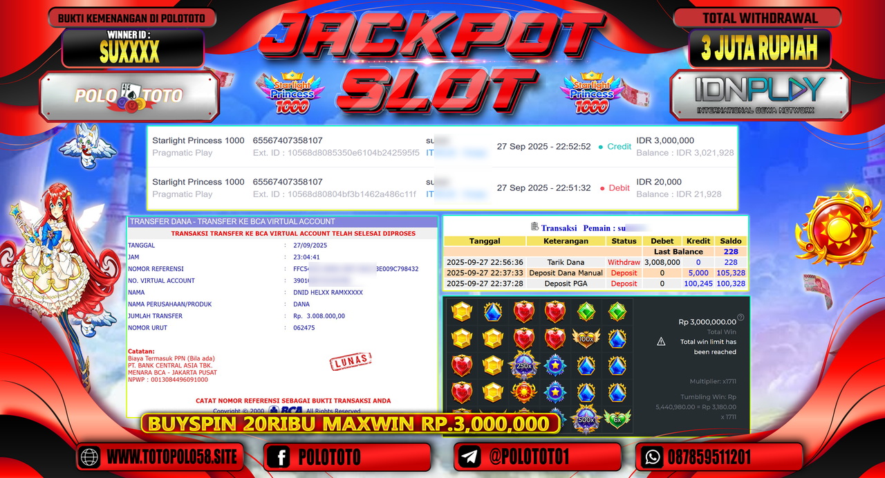 POLOTOTO JACKPOT SLOT STARLIGHT PRINCESS 1000 Rp.3.000.000,- LUNAS