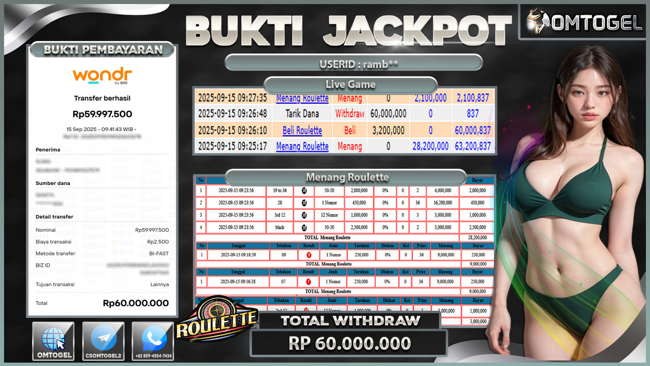 OMTOGEL JACKPOT LIVE GAMES ROULETTE 60 JUTA DI BAYAR LUNAS ,-