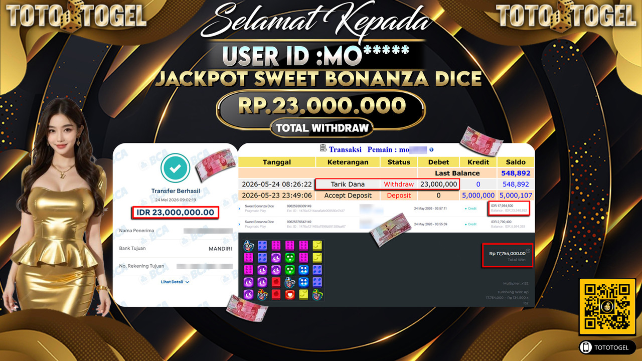 Bukti Pembayaran Jackpot Permainan Slot Sweet Bonanza Dice ID:MO***** LUNAS