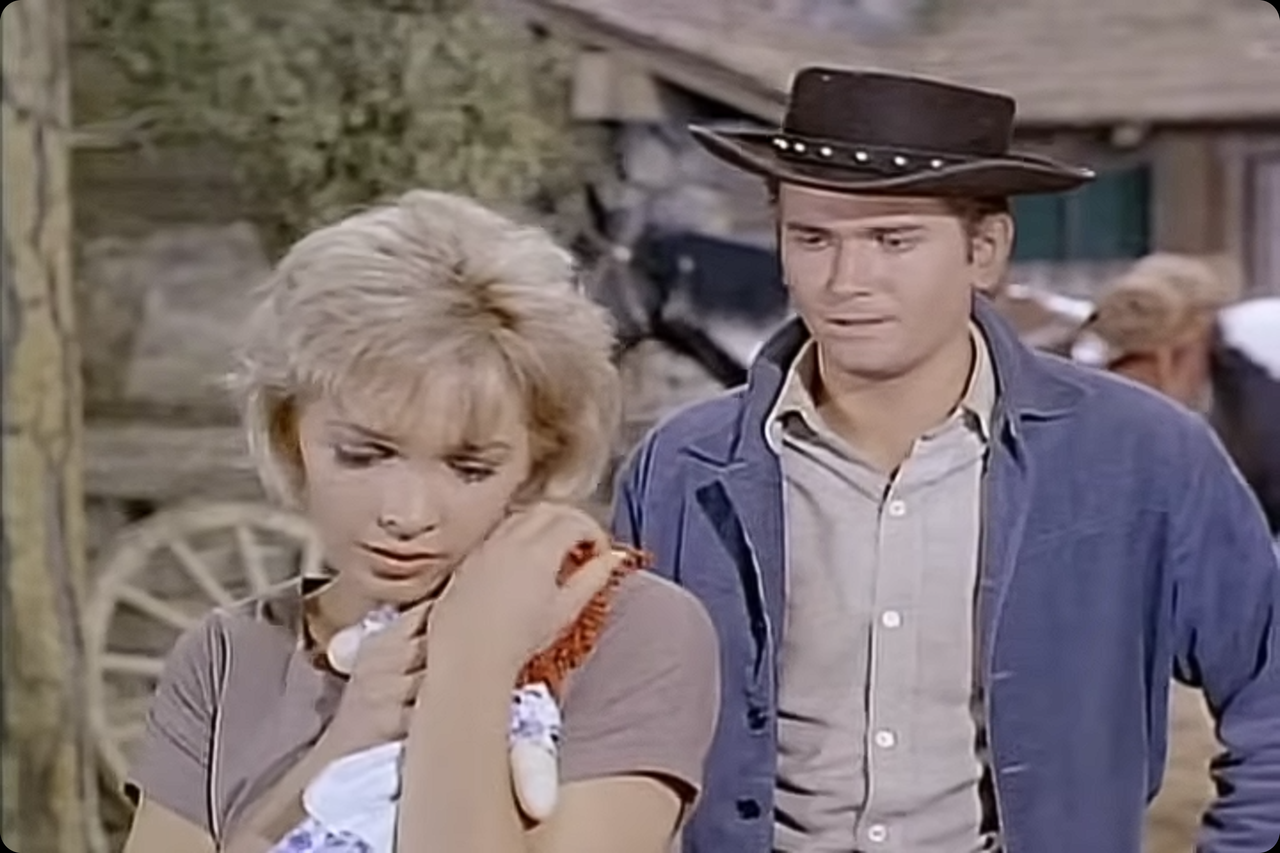Actors Michael Landon and Stella Stevens in Bonanza