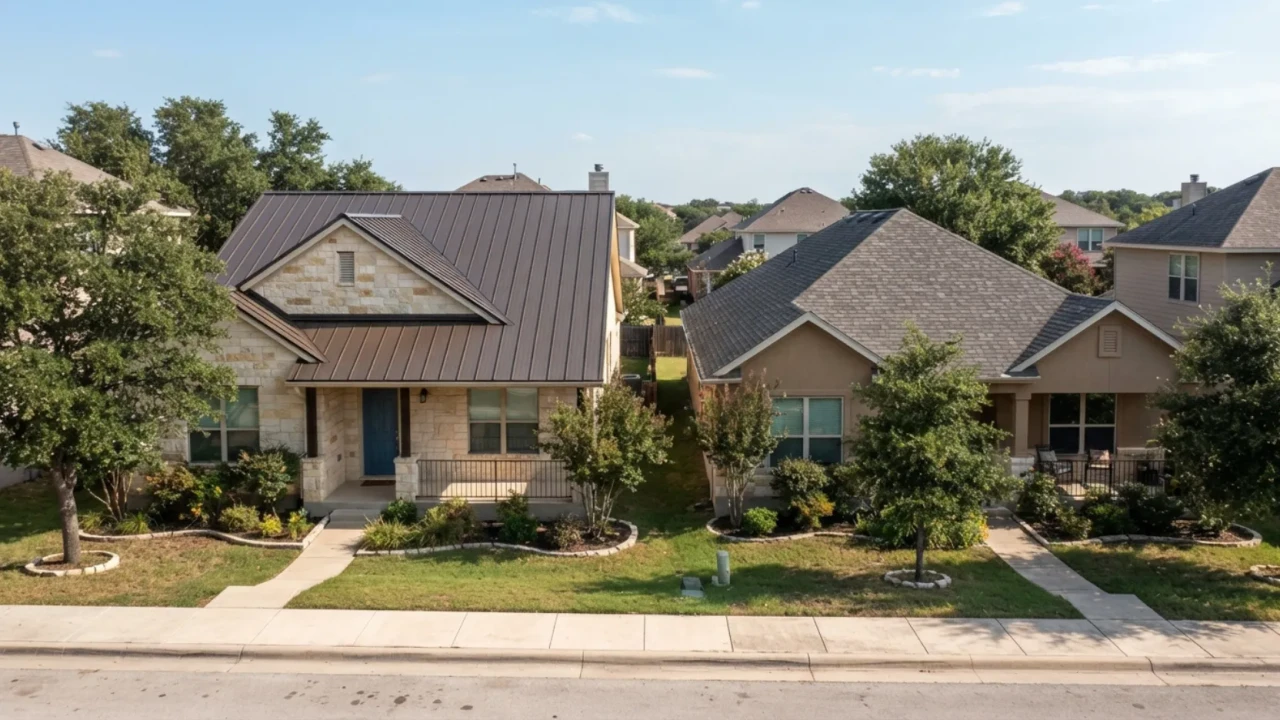 Metal roof versus asphalt shingles side by side comparison San Antonio home