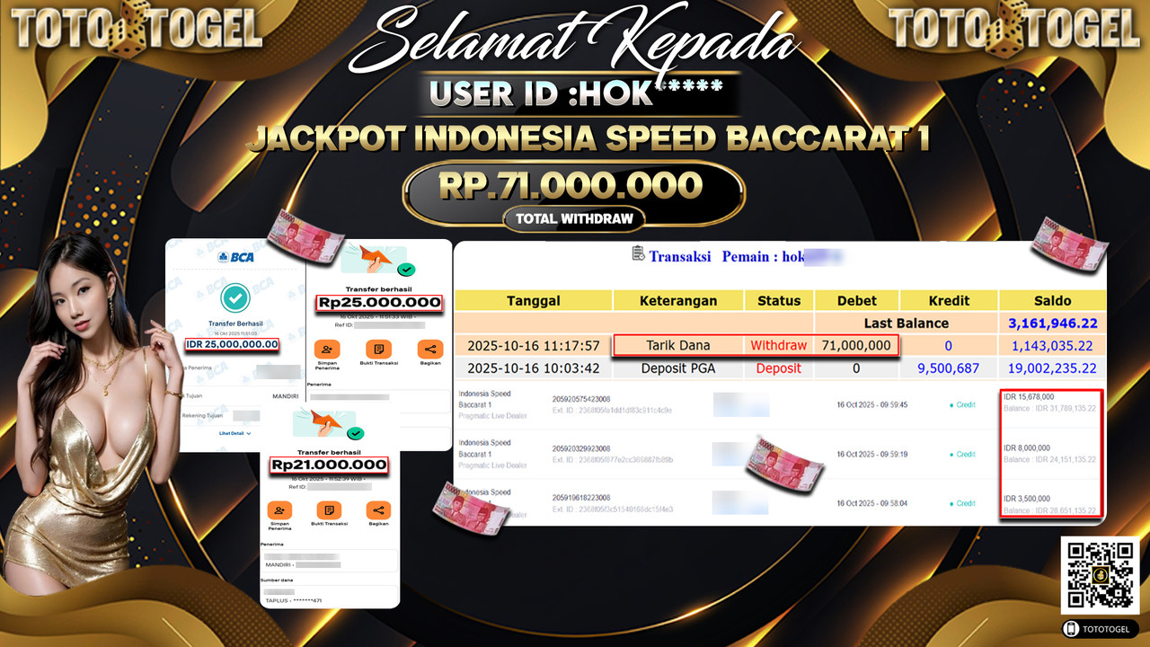 Bukti Pembayaran Jackpot Permainan Live Dealer Indonesia Speed Baccarat 1  ID:HOK**** LUNAS