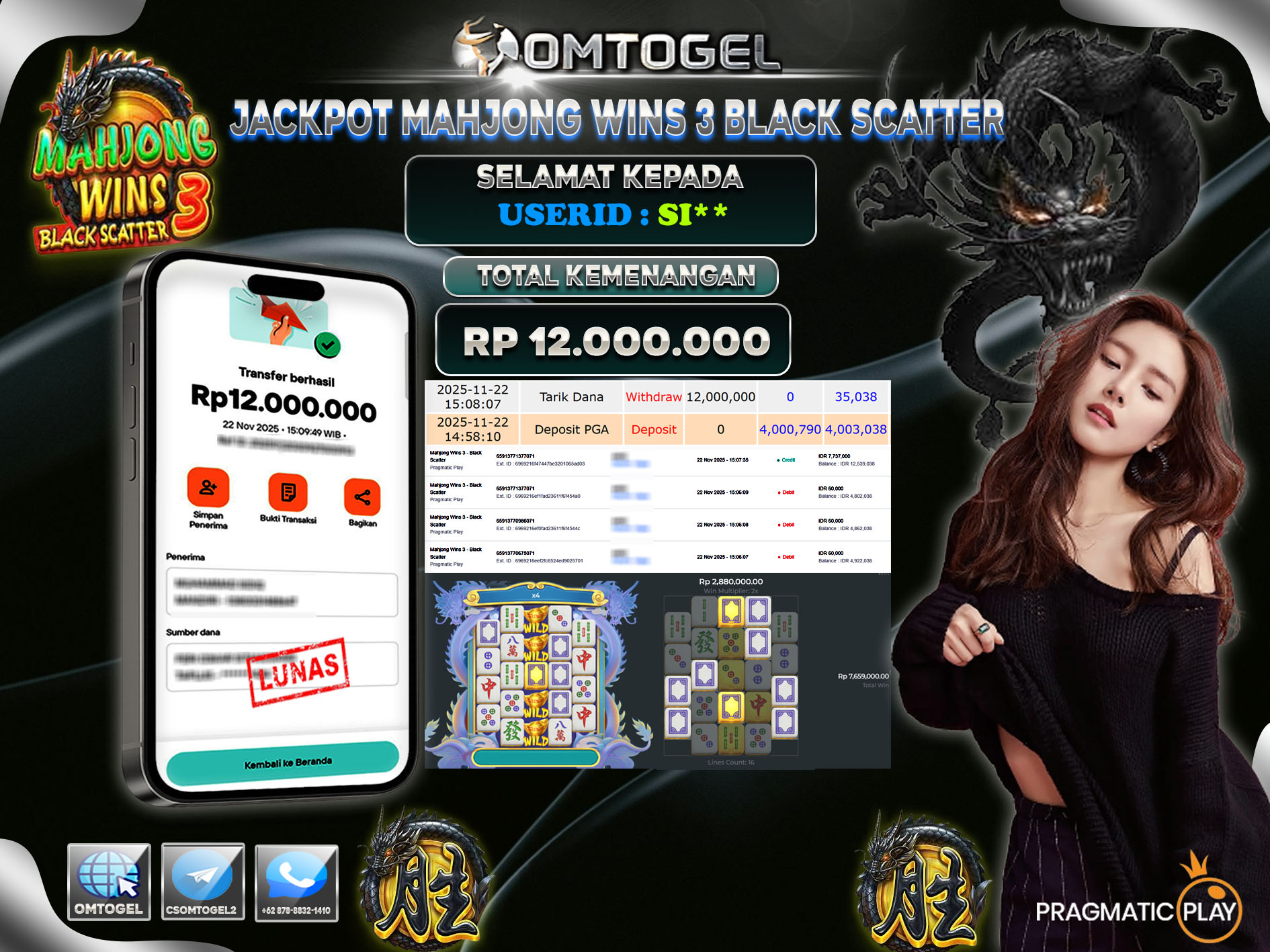 OMTOGEL JACKPOT PRAGMATIC PLAY MAHJONG WINS 3-BLACK SCATTER  ,12 JUTA DI BAYAR LUNAS ,-