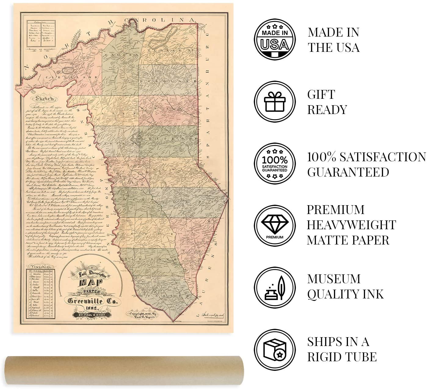 1882 Greenville County South Carolina Map Vintage Greenville County