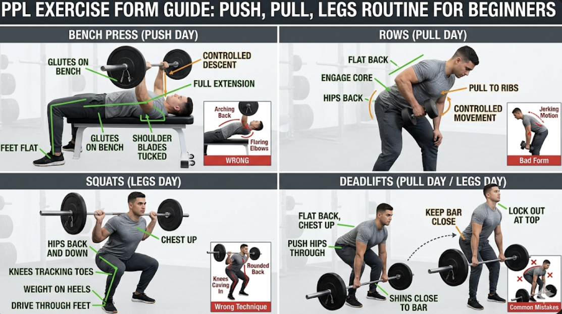 PPL exercise form guide showing proper technique for bench press rows squats and deadlifts for push pull legs routine beginners