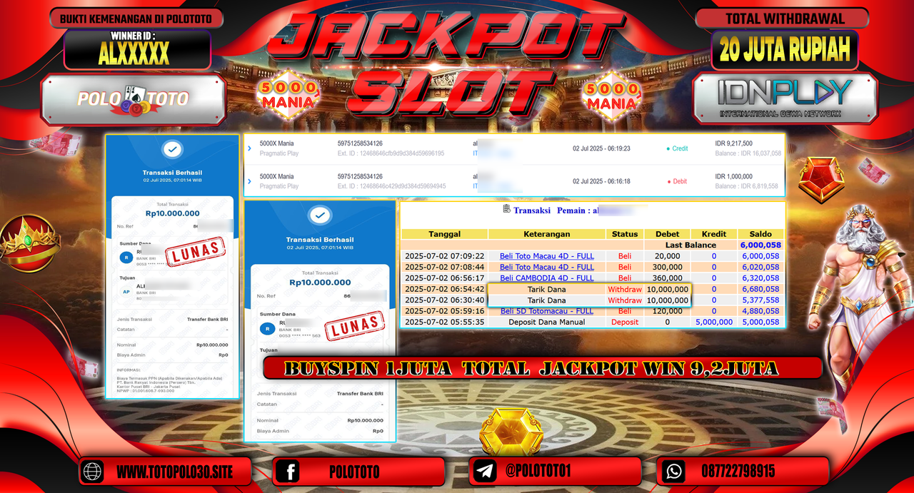 POLOTOTO JACKPOT SLOT 5000X MANIA Rp.20.000.000,-