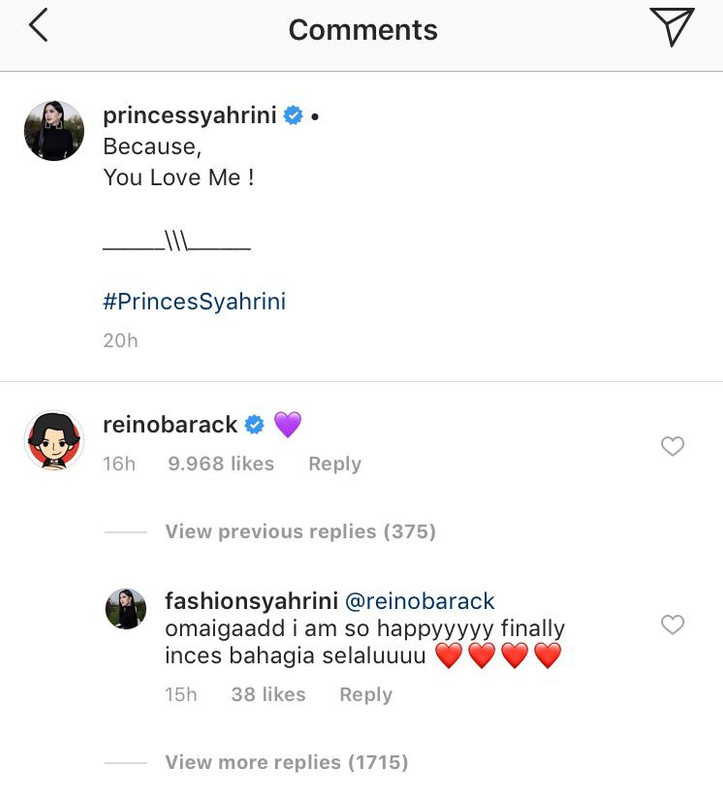 Reino Barack beri komentar emoji hati dikolom komentar Syahrini