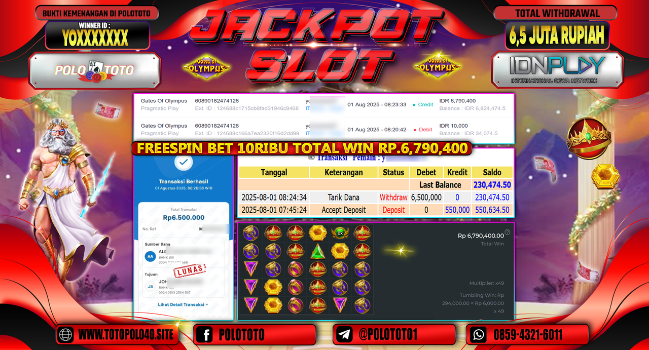 POLOTOTO JACKPOT SLOT GATES OF OLYMPUS Rp.6.500.000,-LUNAS