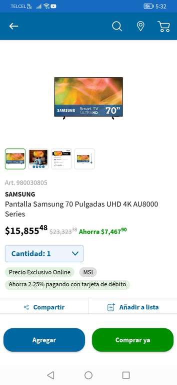 Sam's Club: Pantalla Samsung 70 Pulgadas UHD 4K AU8000 Serie 
