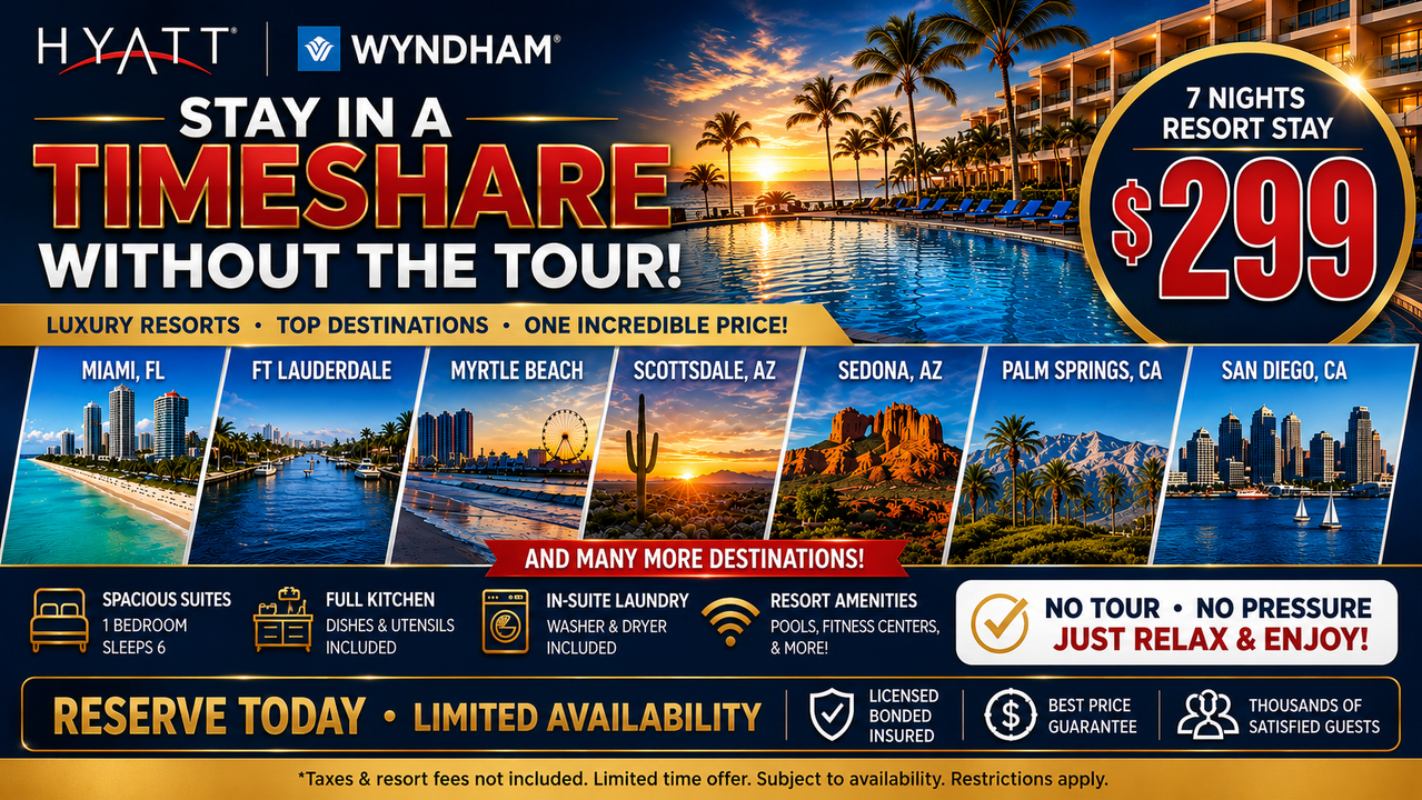 Seven-night timeshare resort stay for $299 without attending a tour