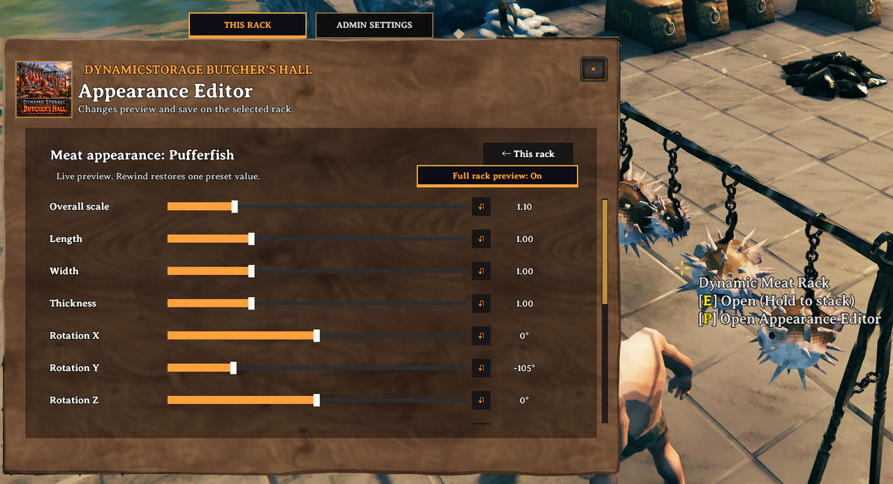 Pufferfish appearance controls and full-rack preview