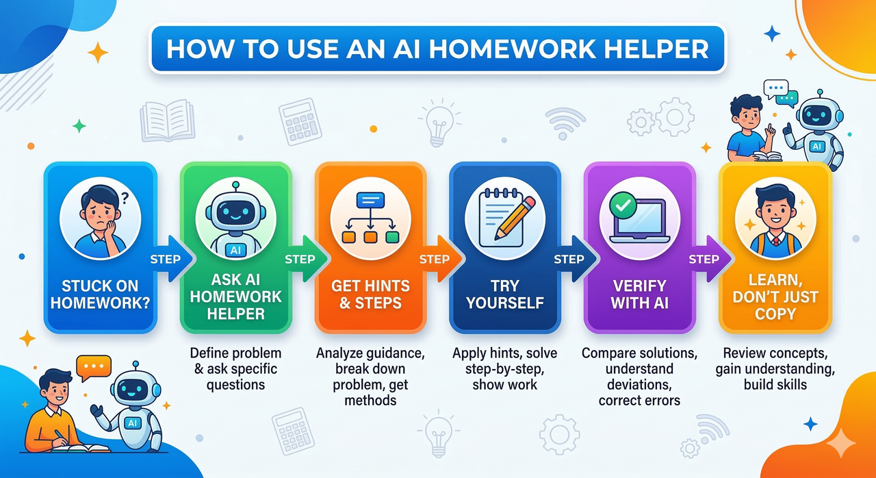 Colorful flowchart showing correct AI homework helper workflow: Stuck on homework → Ask AI → Get hints and steps → Try yourself → Verify with AI → Learn don't just copy