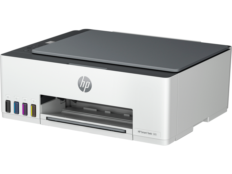 Impresora multifuncional HP Smart Tank 580 con tanques de tinta integrados.