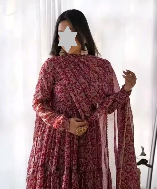 Maroon Jaipuri Printed Anarkali Kurti for Women | Flared Ethnic Long Gown Style Kurta with Dupatta l Maroon Round Neck Printed Kurti | Flared Gown Style Anarkali Kurta with Sleeves l Aagyeyi Ensemble Women Kurta Sets Color 1 (KS153)