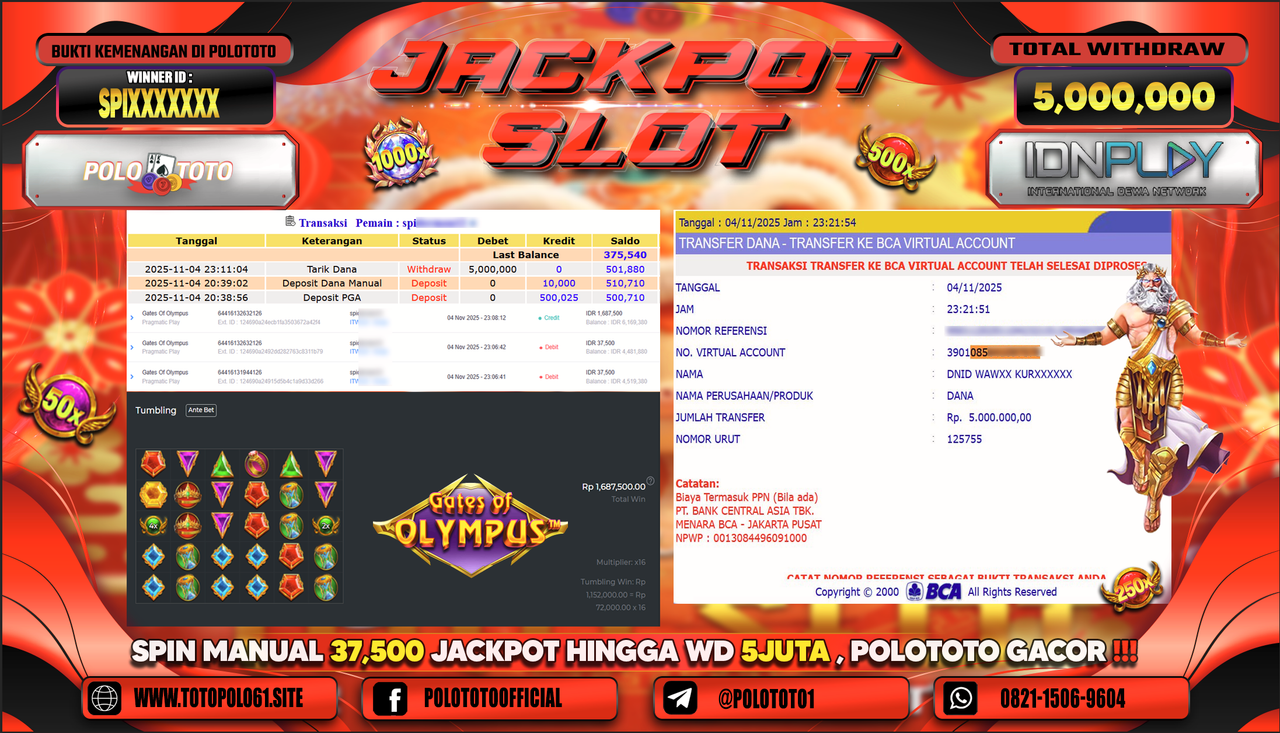POLOTOTO JACKPOT SLOT GATES OF OLYMPUS Rp.5.000.000,- LUNAS