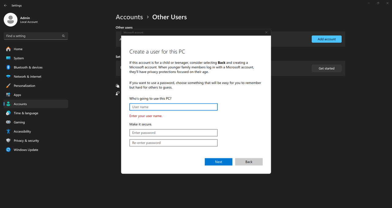 Screenshot showing fields to enter username and password for the new local account.