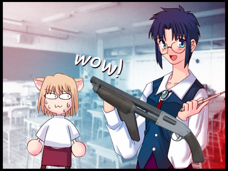Picture of Ciel-sensei holding a shotgun and Neko Arc is freaking out