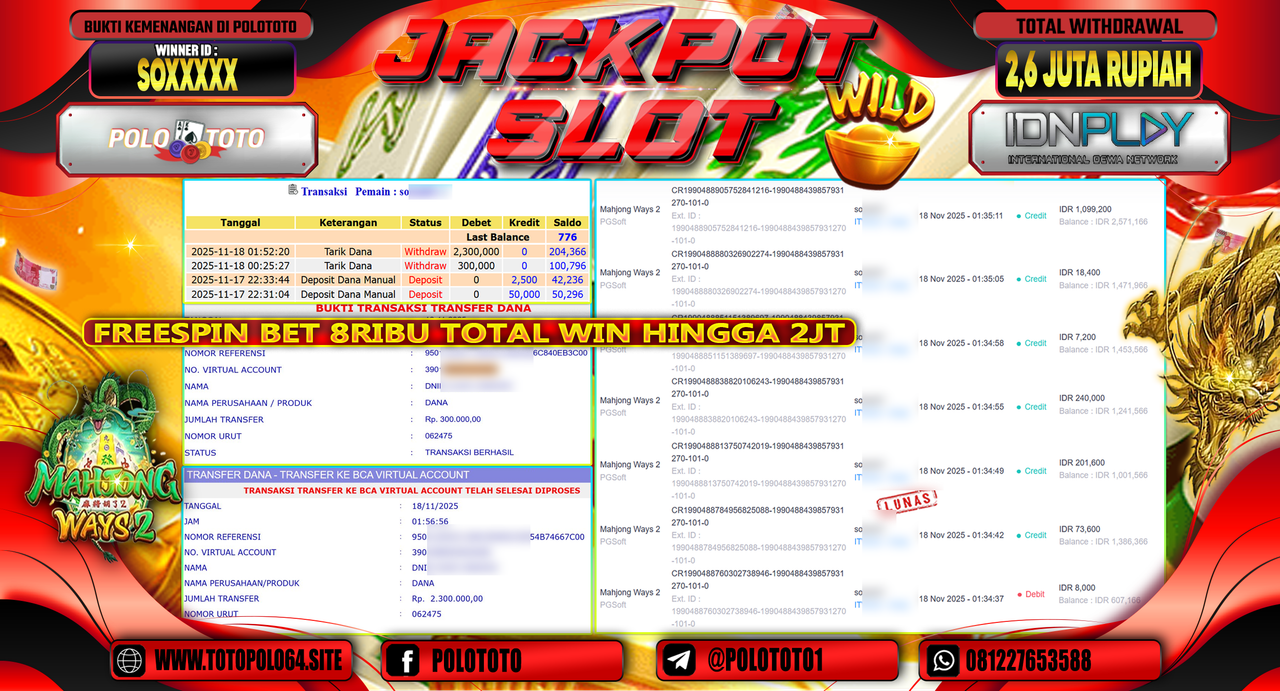 POLOTOTO JACKPOT SLOT MAHJONG WAYS 2 Rp.2.600.000,- LUNAS