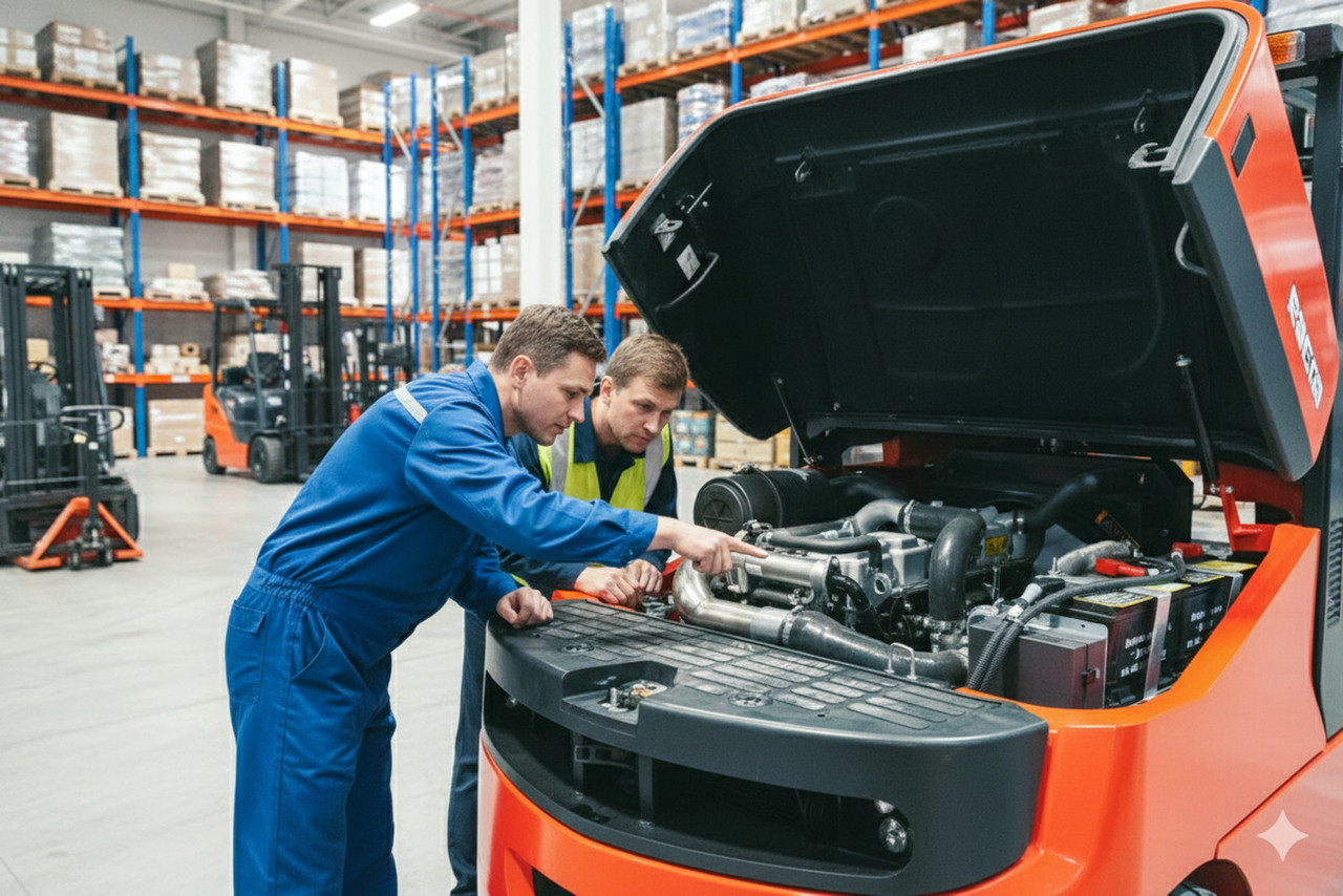 Погрузчик с дизельным двигателем и механиком на складе, пример спецтехники в работе, иллюстрация важности ресурса турбины дизельного двигателя