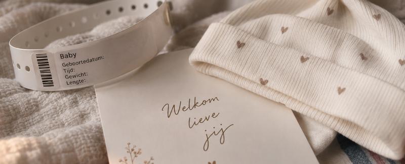 Ziekenhuisbandje, geboortekaartje en eerste babymutsje als dierbare herinneringen aan de geboorte.