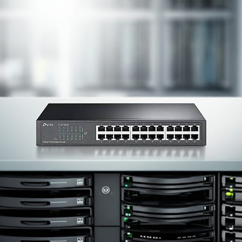 Switch TP-Link TL-SF1024D montado em um rack de equipamentos, destacando seu formato 1U.